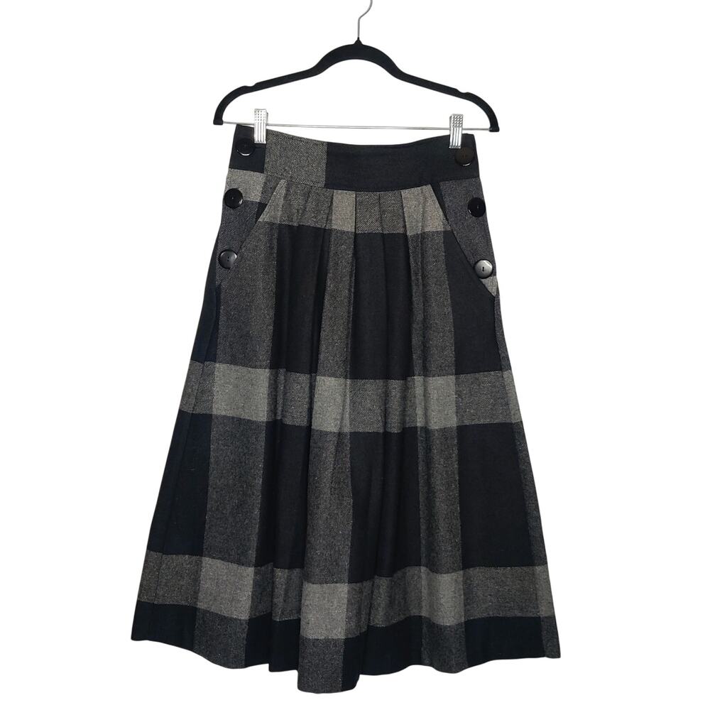 Vintage Catch Me Pleated Wool A-Line Midi Skirt Gray Plaid Small Dark Academia